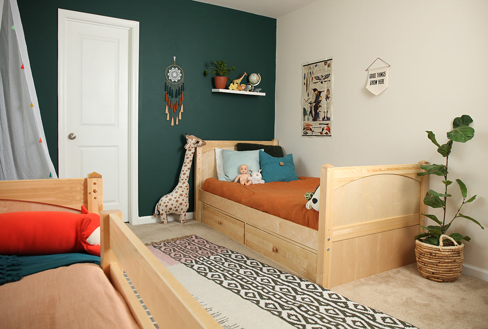 Modern Shared Bedroom with Deep Teal Accent Wall and Natural Wood