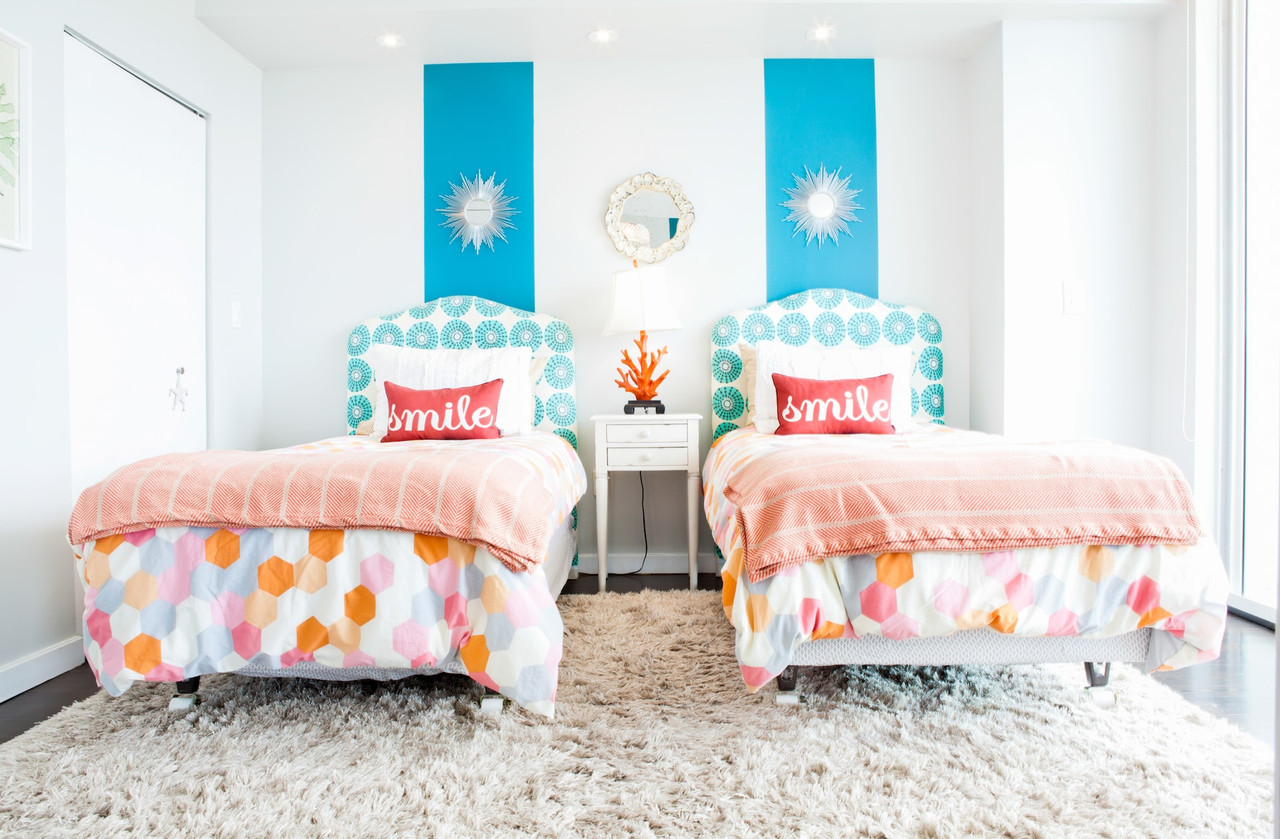 Bright Youthful Shared Bedroom with Hexagon Pattern and Color Blocks