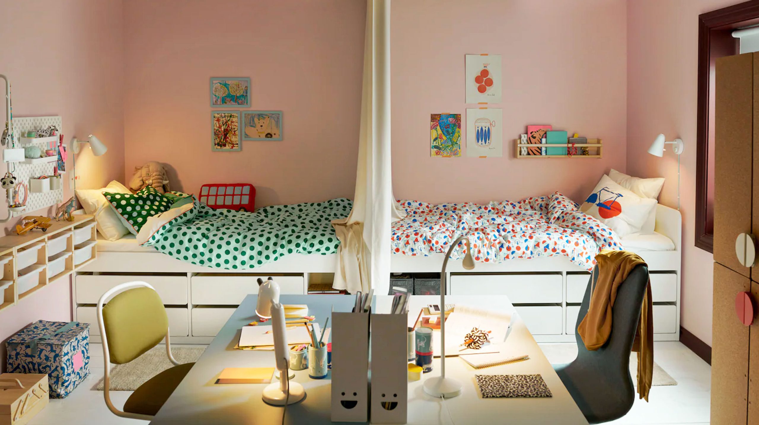 Divided Pink Shared Bedroom with Study Zones and Storage Beds