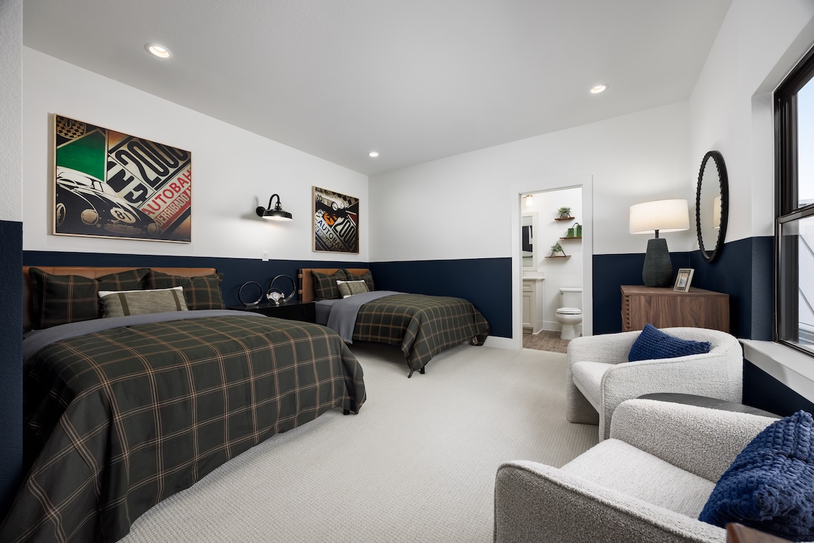Modern White and Navy Plaid Twin Bedroom