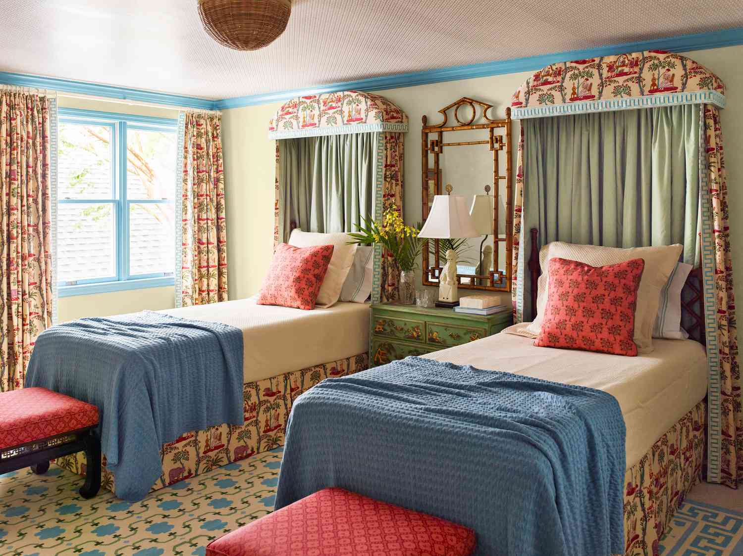 Symmetrical Twin Beds with Chinoiserie Textiles and Bamboo Mirror