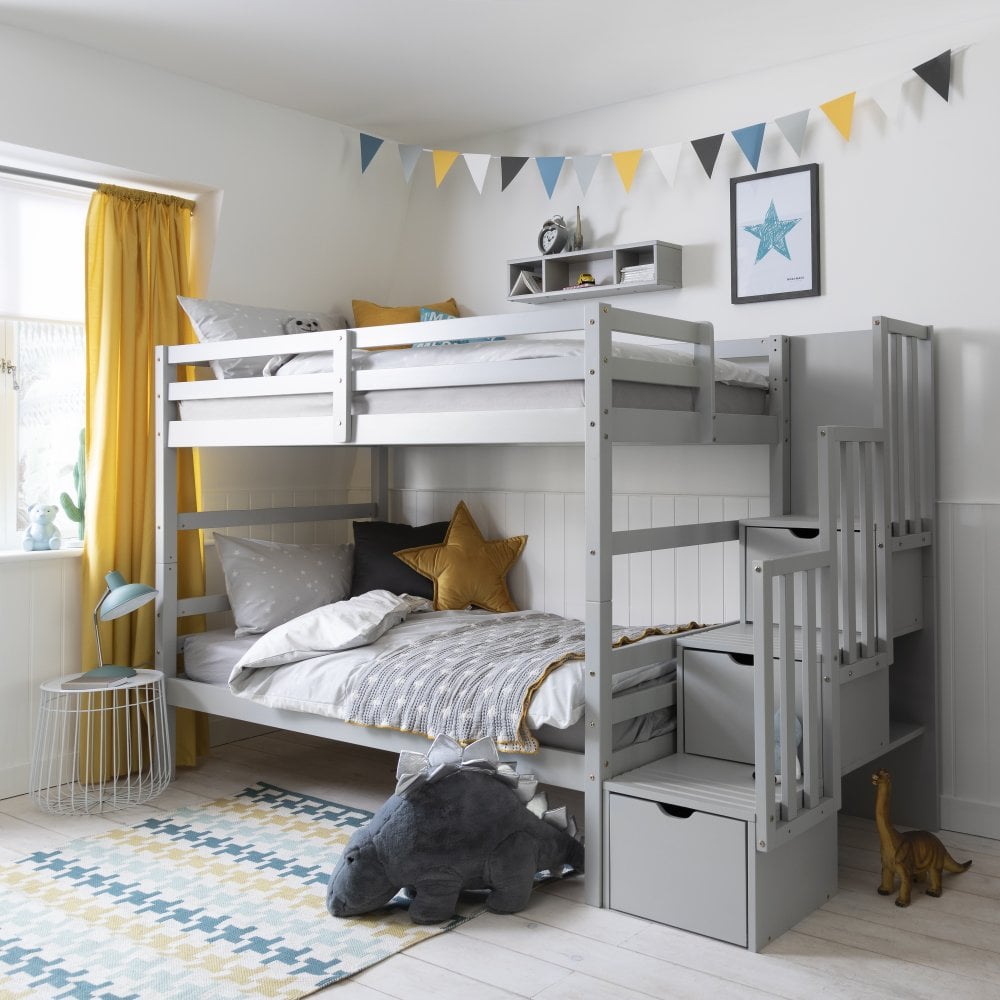 Grey Bunk Beds with Staircase Storage and Yellow Accents