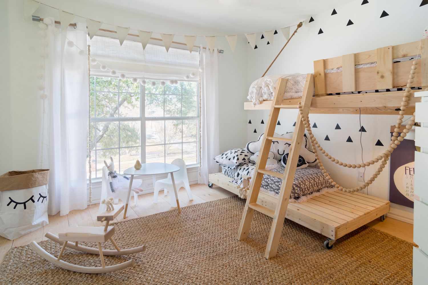 Natural Wood Bunk Beds with Black and White Accents