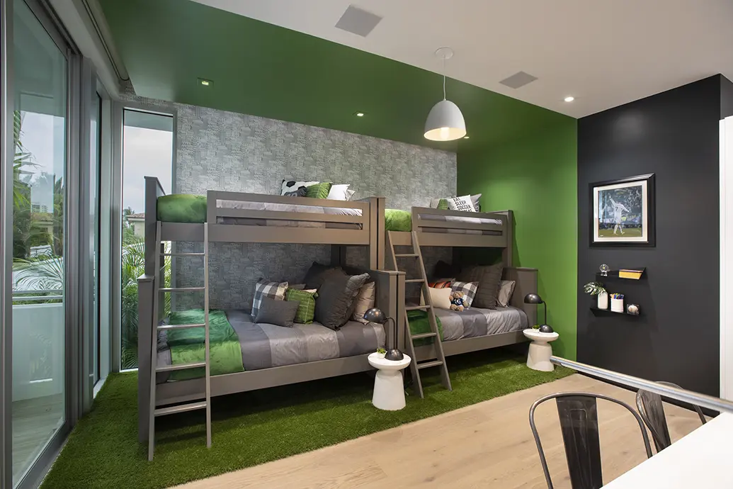 Modern Shared Bedroom with Bunk Beds and Green Accent Walls