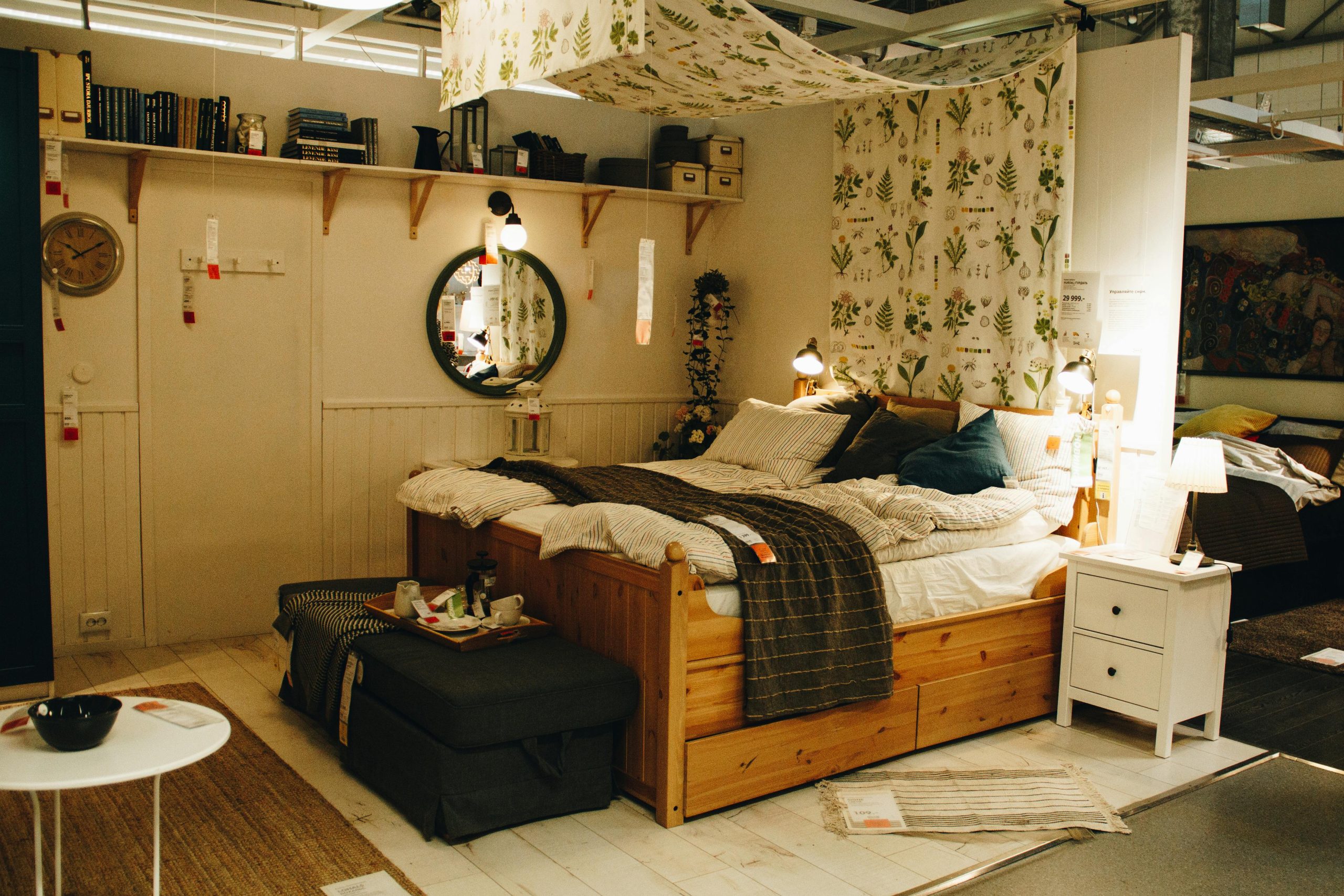 Cozy Botanical Bedroom with Pine Bed and Mixed Patterns