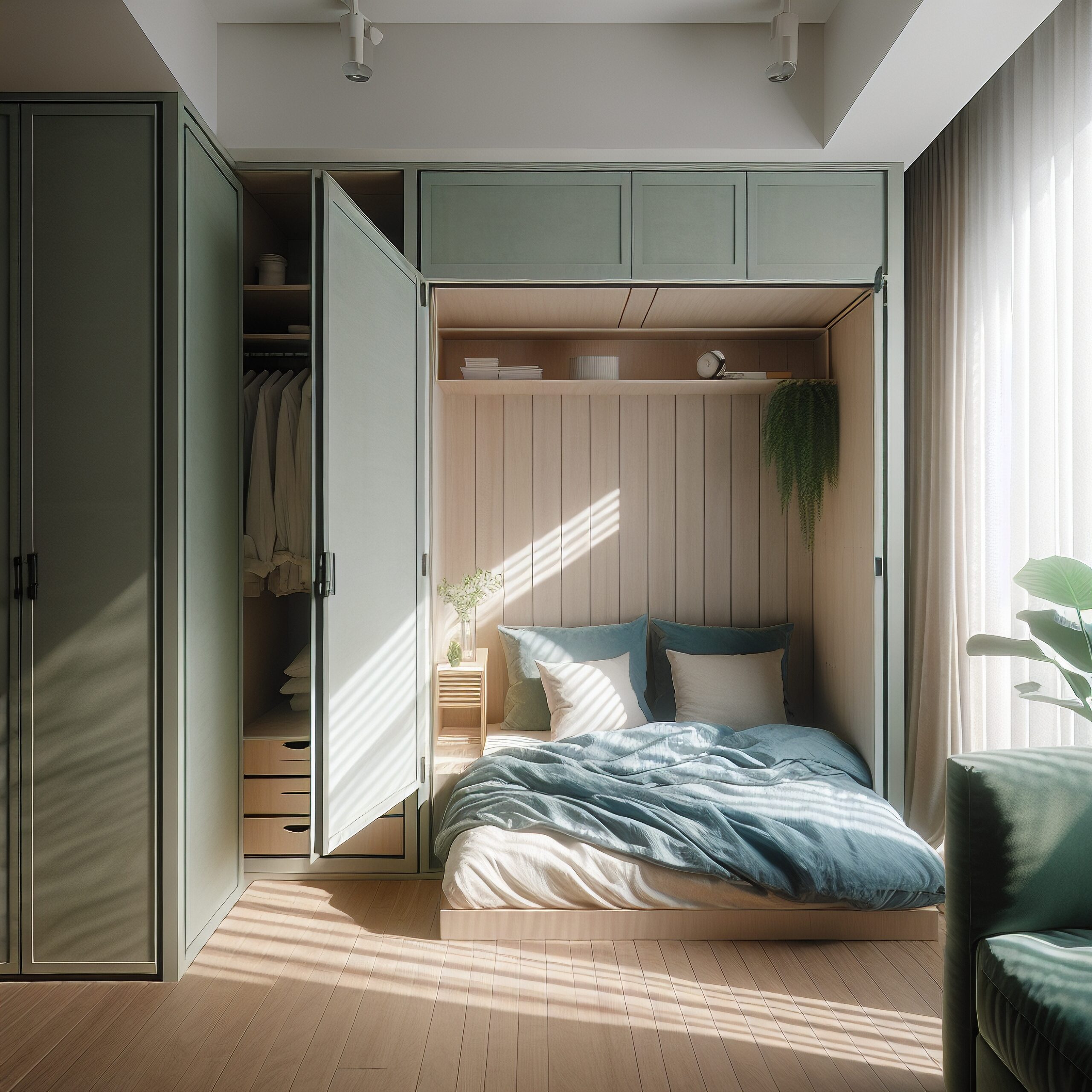 Sage Green and Light Wood Built-in Bedroom with Storage