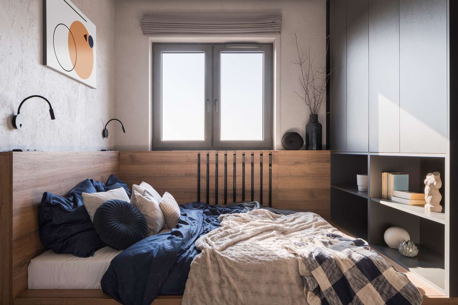 Modern minimal bedroom with wood bed frame and integrated storage