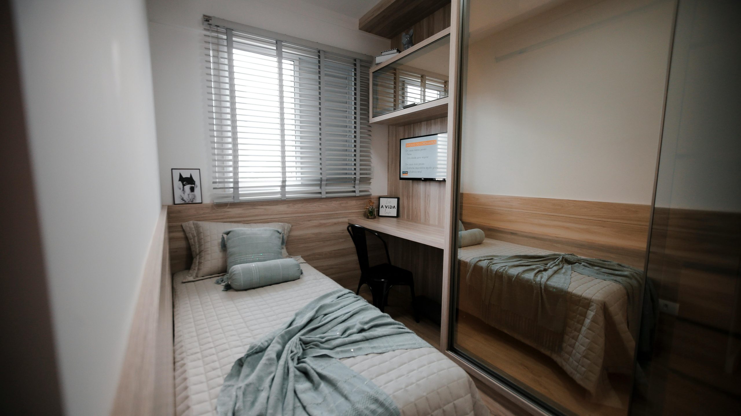 Compact Small Bedroom with Wooden Furniture and Mirrored Wardrobe