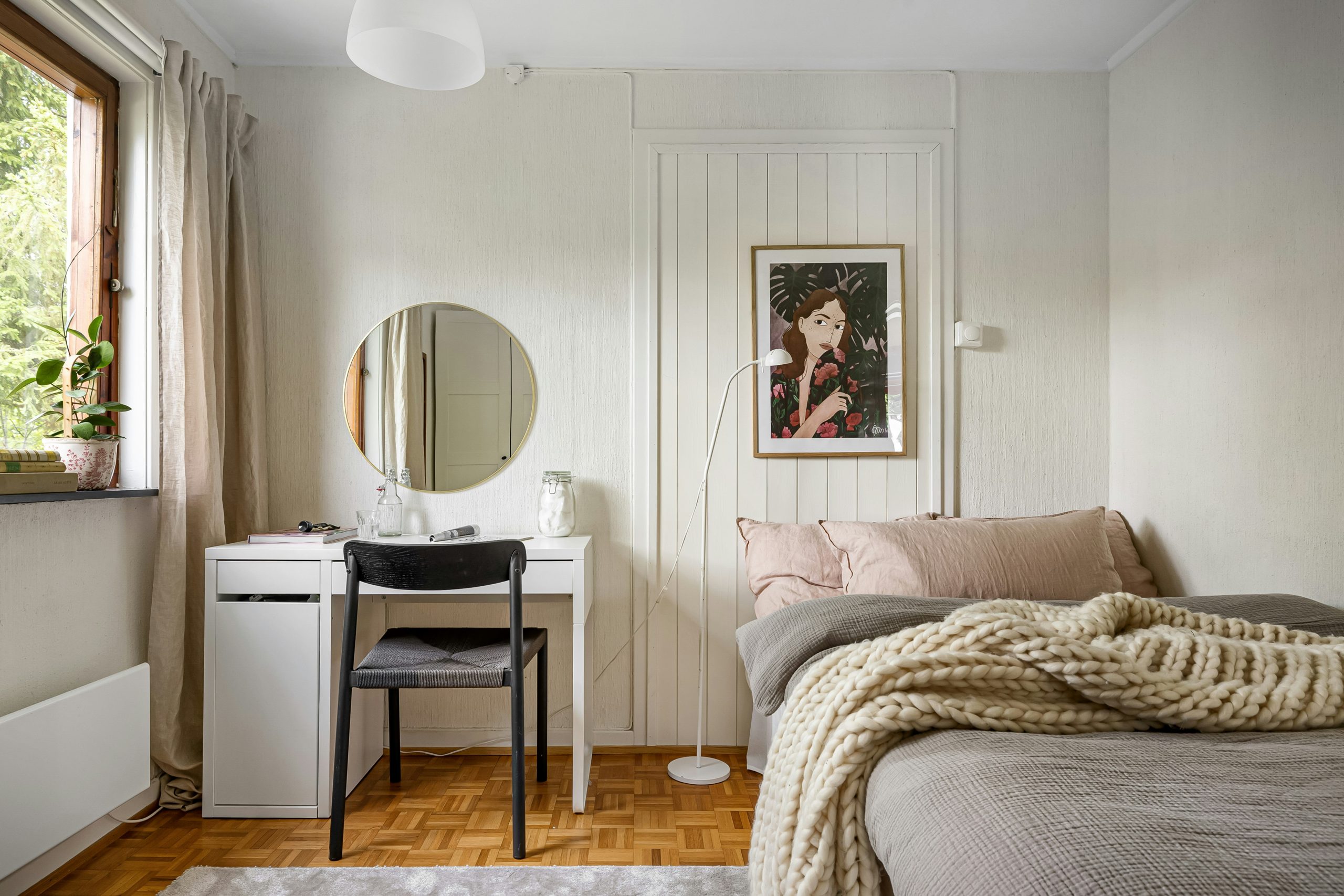 Cozy Neutral Bedroom with Desk and Bohemian Touches