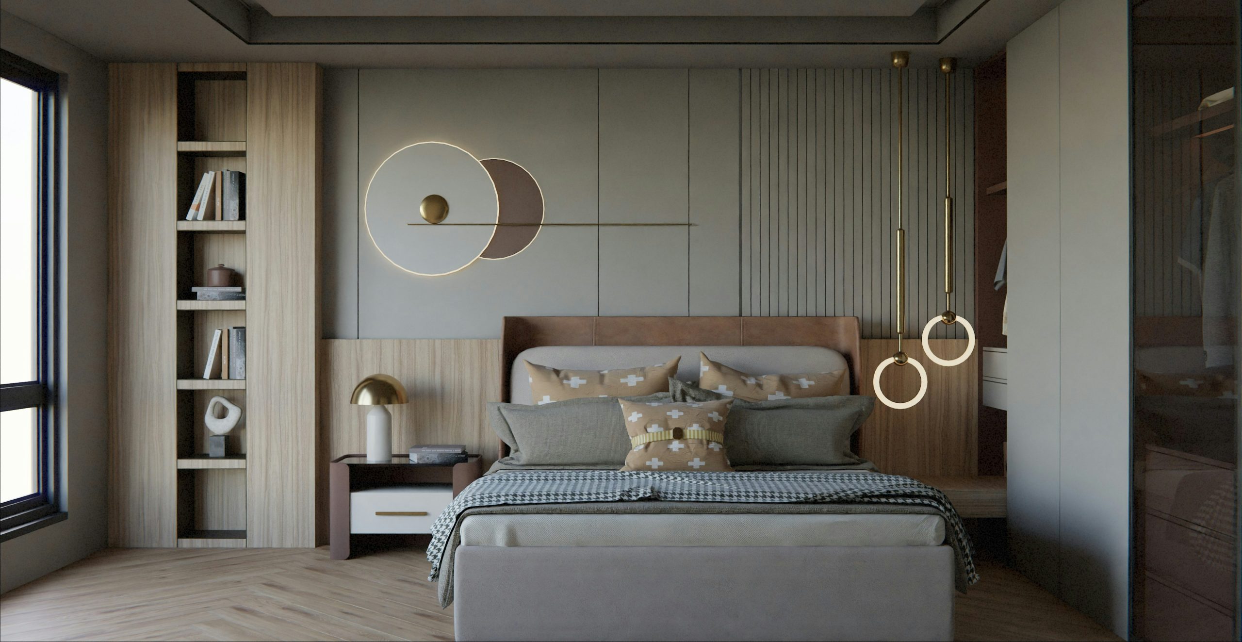Modern Minimal Bedroom with Teal Accents and Tufted Headboard