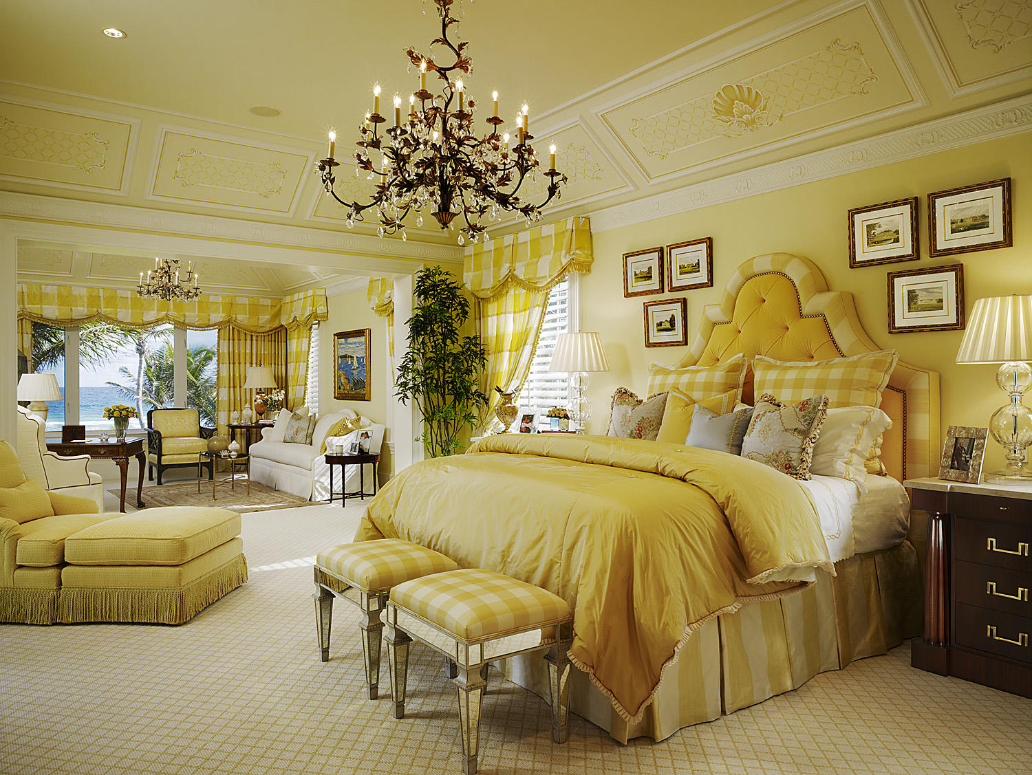 Regal Yellow Bedroom with Ocean View and Elaborate Ceiling