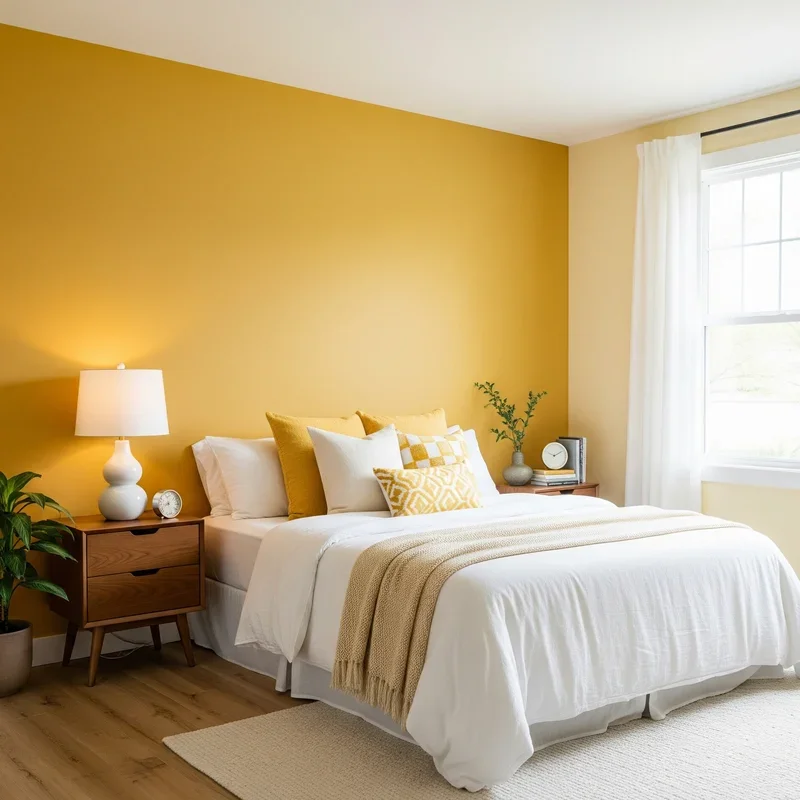 Yellow Accent Wall with Light Wood and White Bedding