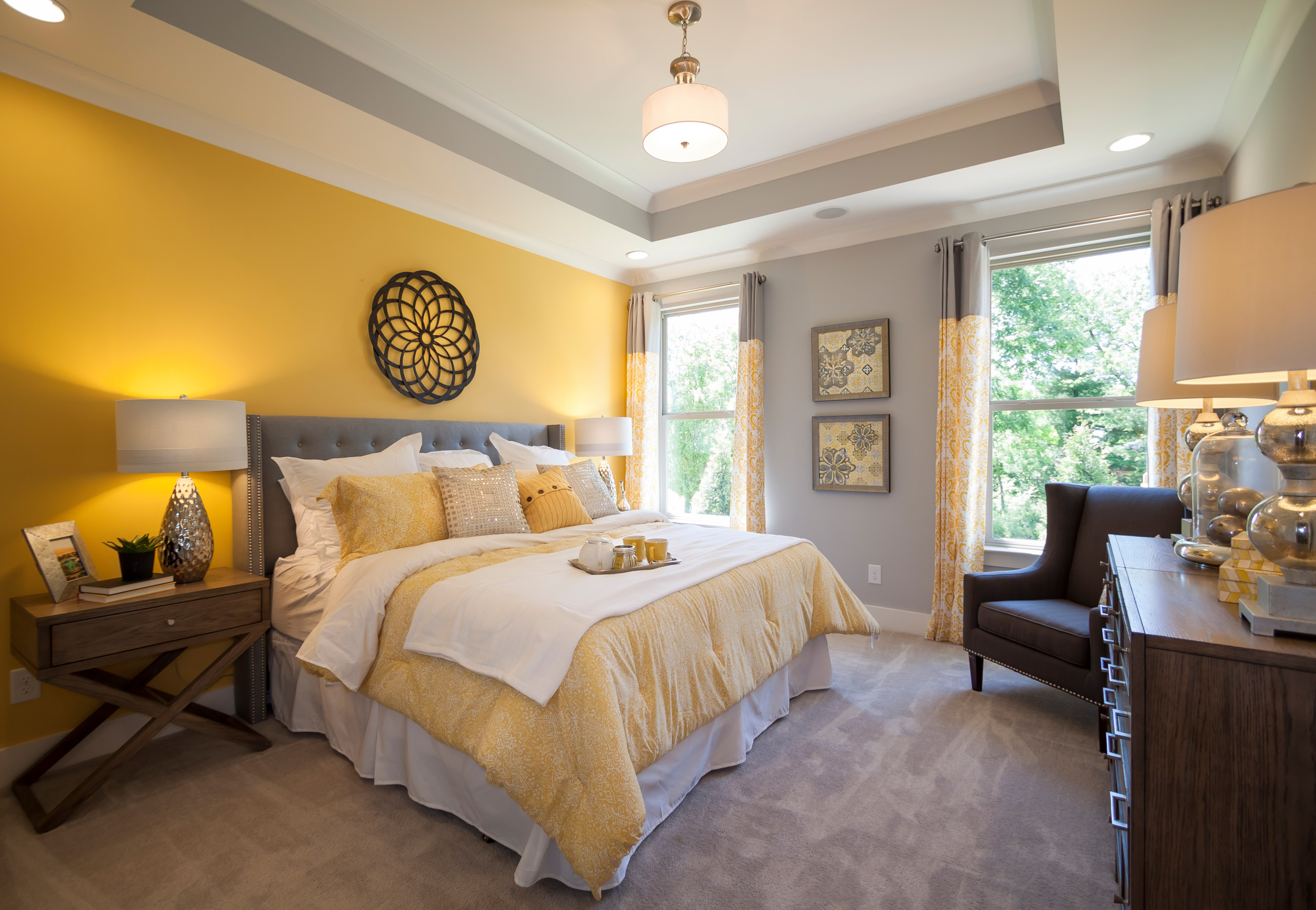 Modern Yellow Bedroom with Gray Walls and Textured Bedding