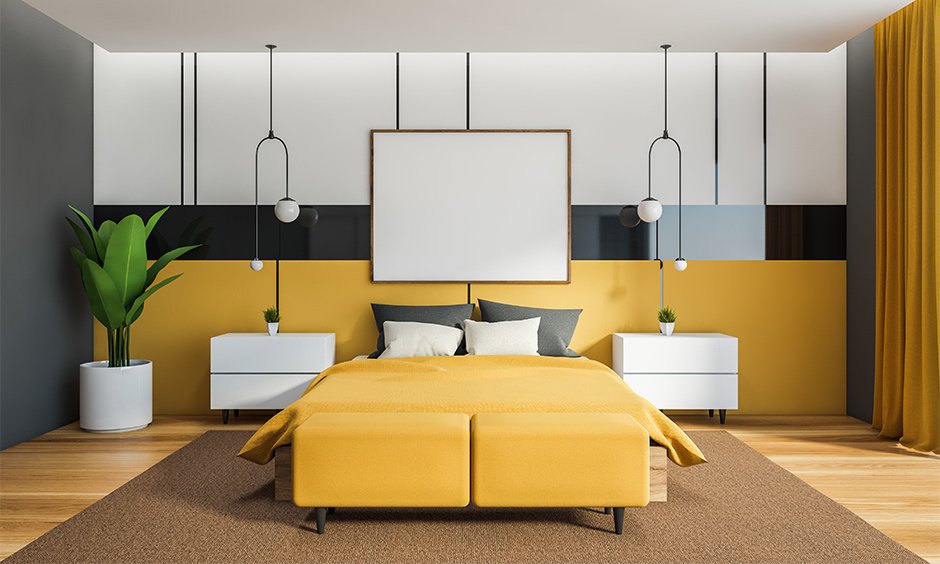Modern Minimal Bedroom with Warm Yellow Accent Wall and Floating Nightstands