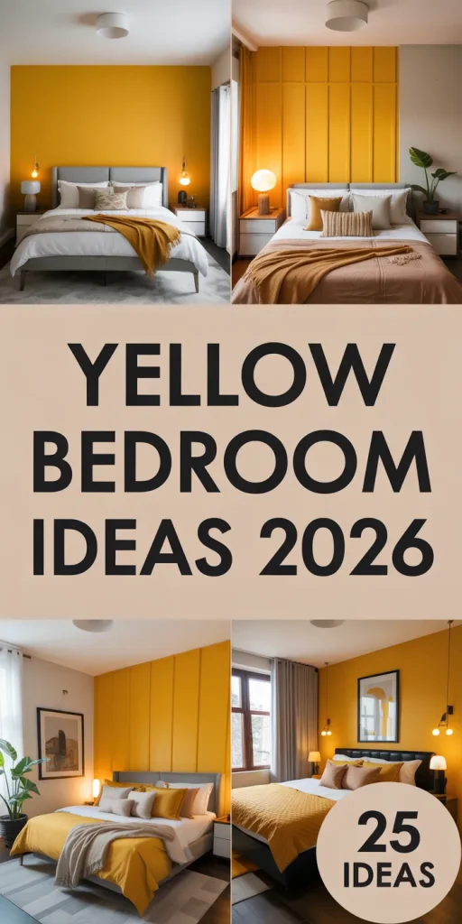 Warm Yellow Bedroom with Geometric Art and Mid-Century Chairs