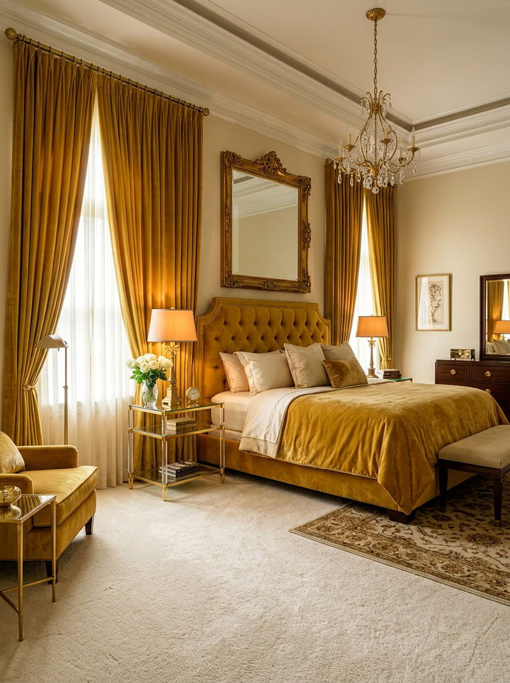 Luxurious Gold Velvet and Brass Accented Bedroom
