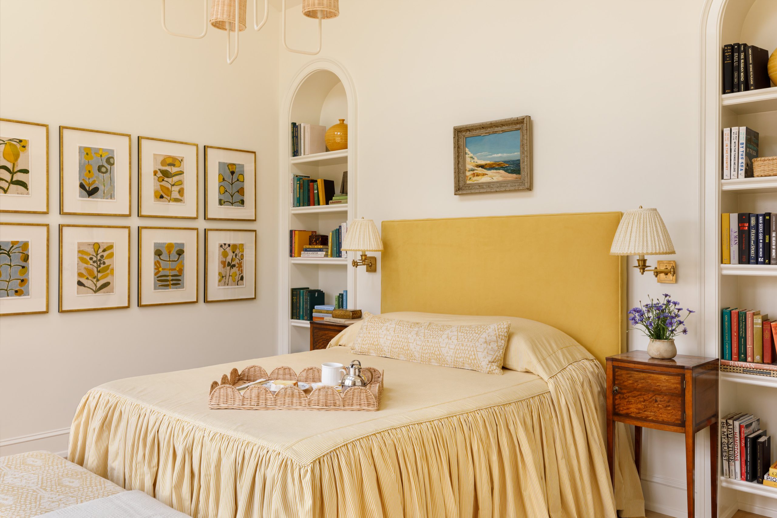 Yellow Velvet Headboard and Striped Bed Skirt in Bright Bedroom