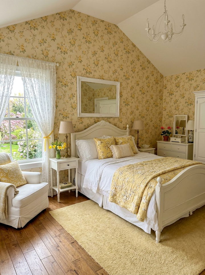 Romantic Yellow Floral Wallpaper Bedroom with White Furniture