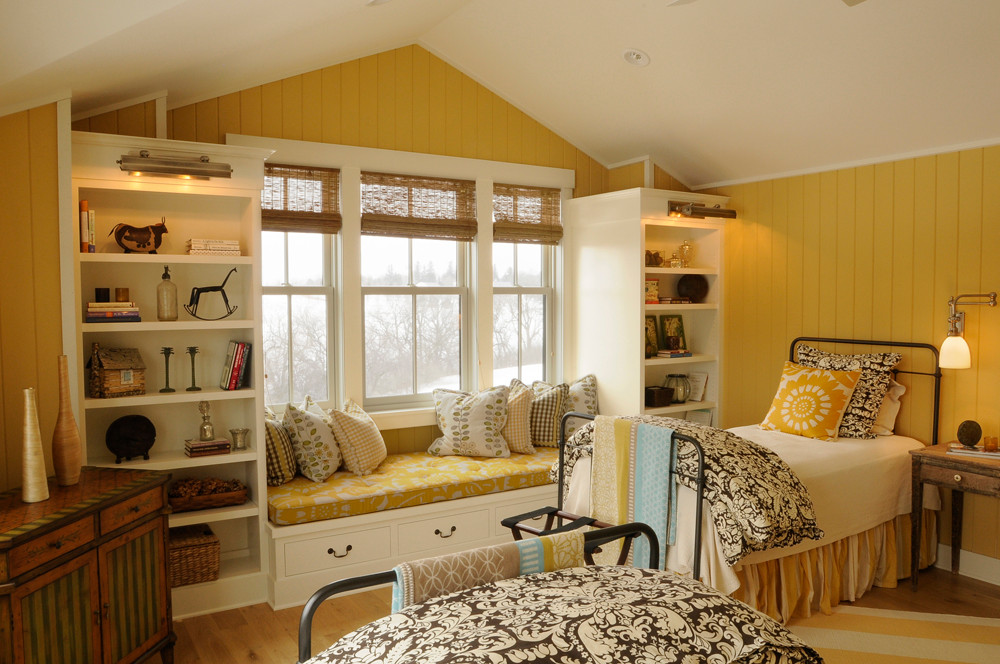 Cozy Twin Bedroom with Yellow Walls and Built-in Window Seat