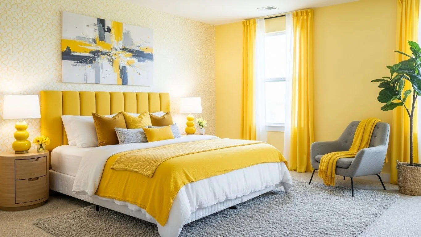 Bright Yellow Bedroom with Patterned Accent Wall and Grey Accents