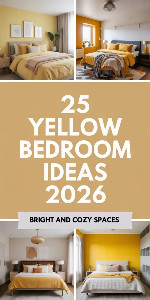 Bright Yellow Bedroom with Patterned Accent Wall and Grey Accents