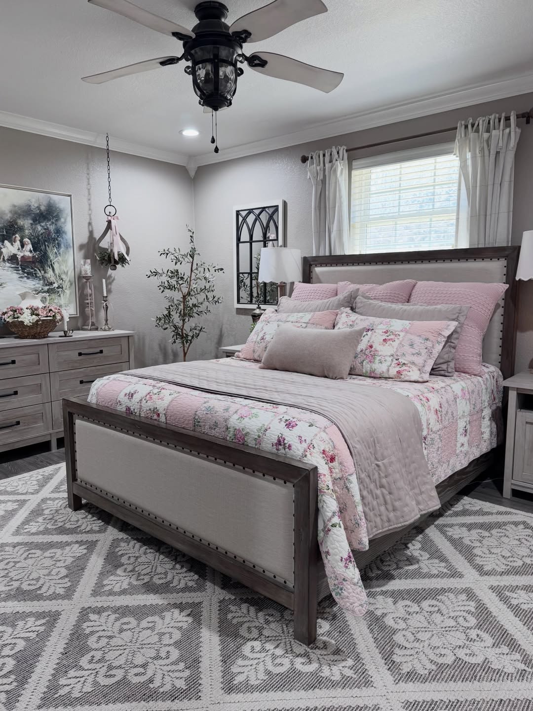 Feminine Charm with Patchwork Quilts and Detailed Wood Furniture