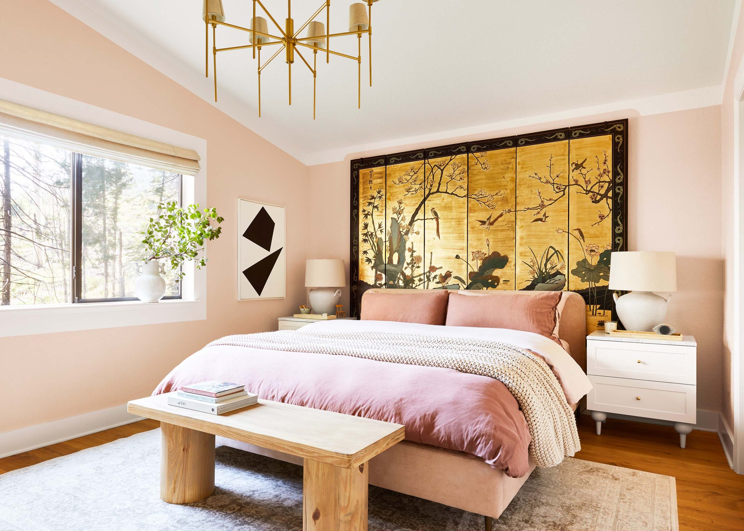 Blush Pink Bedroom with Golden Chinoiserie and Sputnik Chandelier