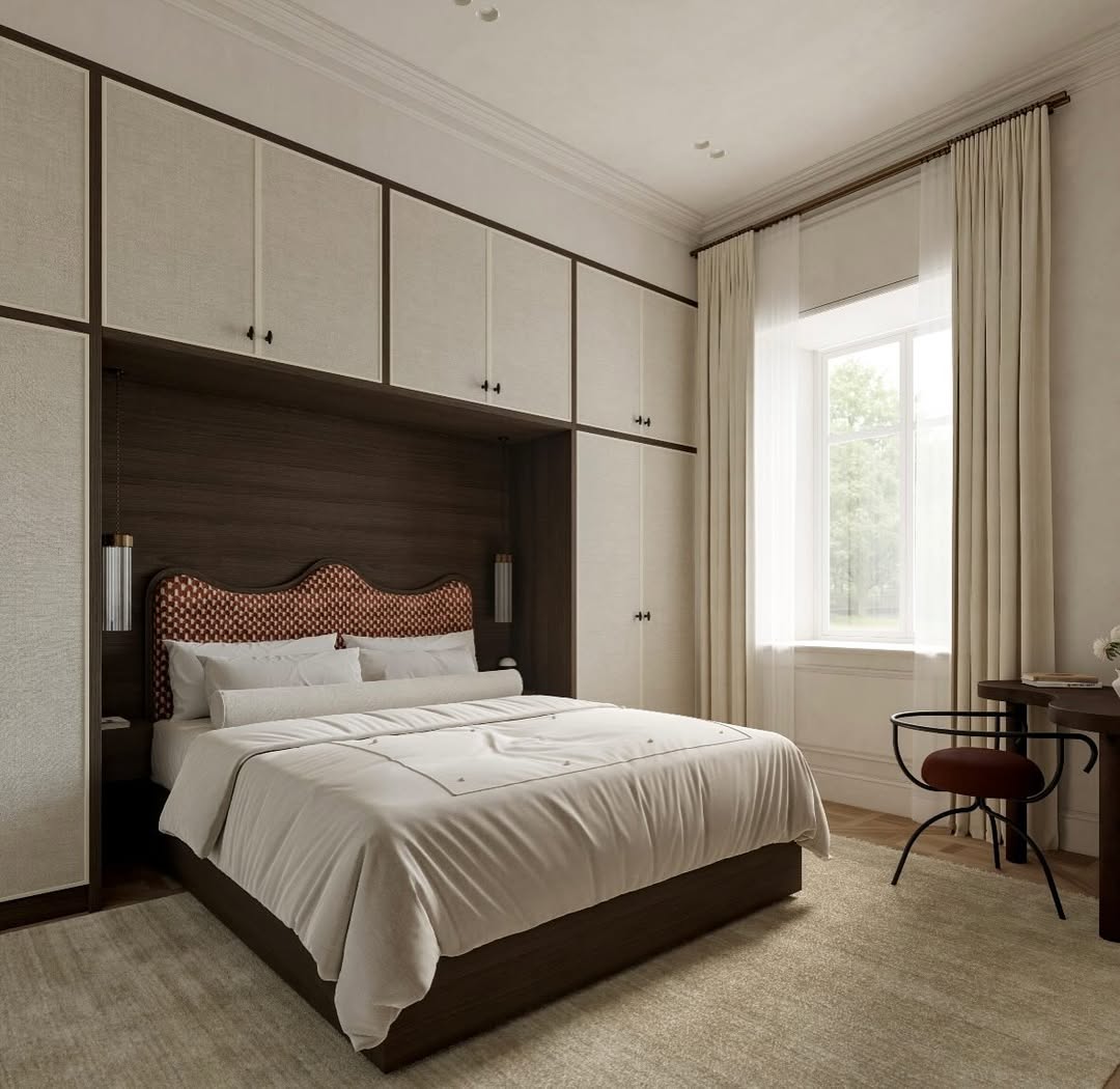 Built-in Bed Unit with Patterned Headboard and Cream Cabinetry