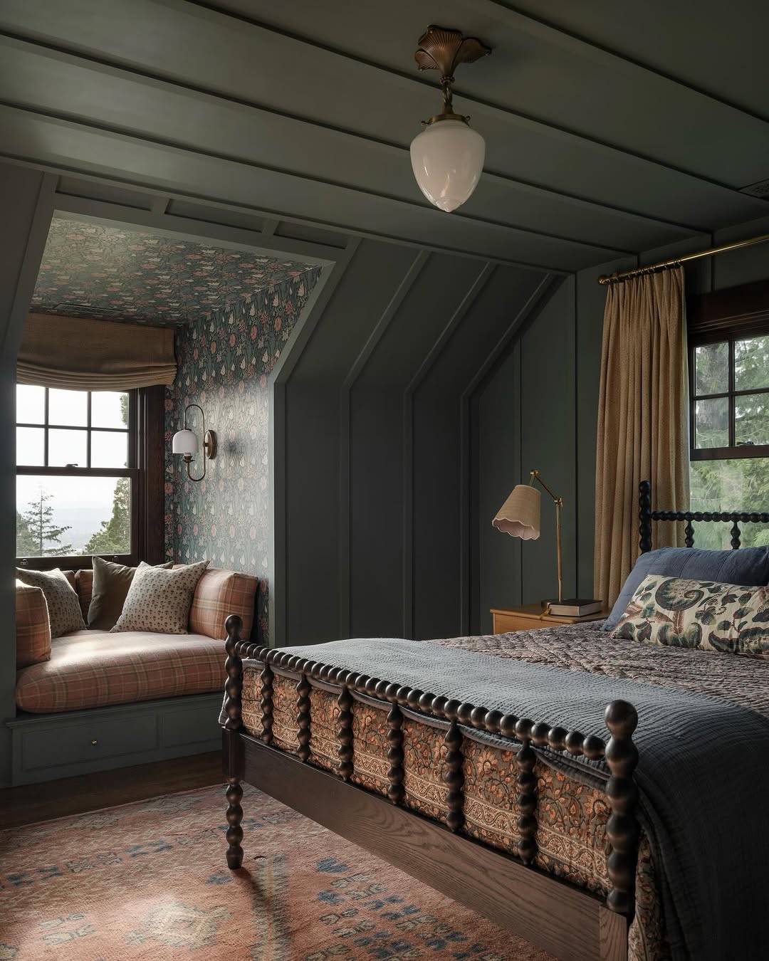 Deep Green Paneled Bedroom with Floral Wallpaper and Window Seat