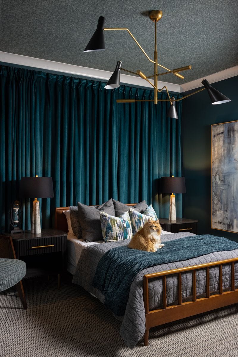 Dark Teal and Walnut Woodland Retreat with Mid-Century Chandelier