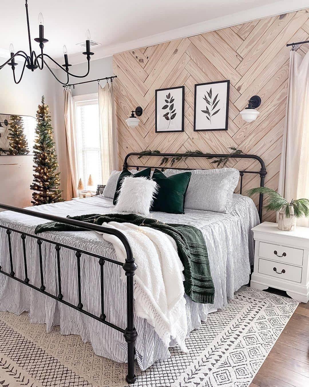 Farmhouse Woodland Bedroom with Herringbone Wood Accent Wall