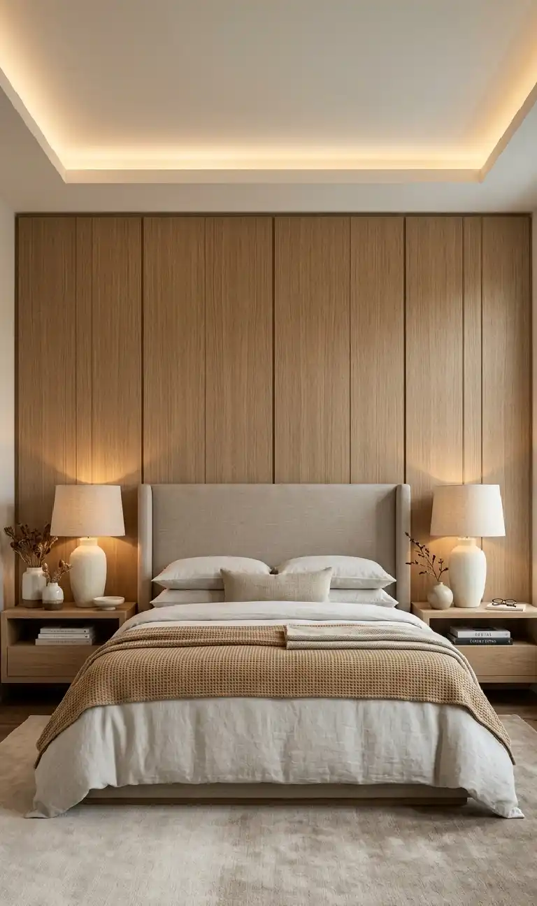 Modern Minimal Bedroom with Warm Wood Paneling and Soft Lighting