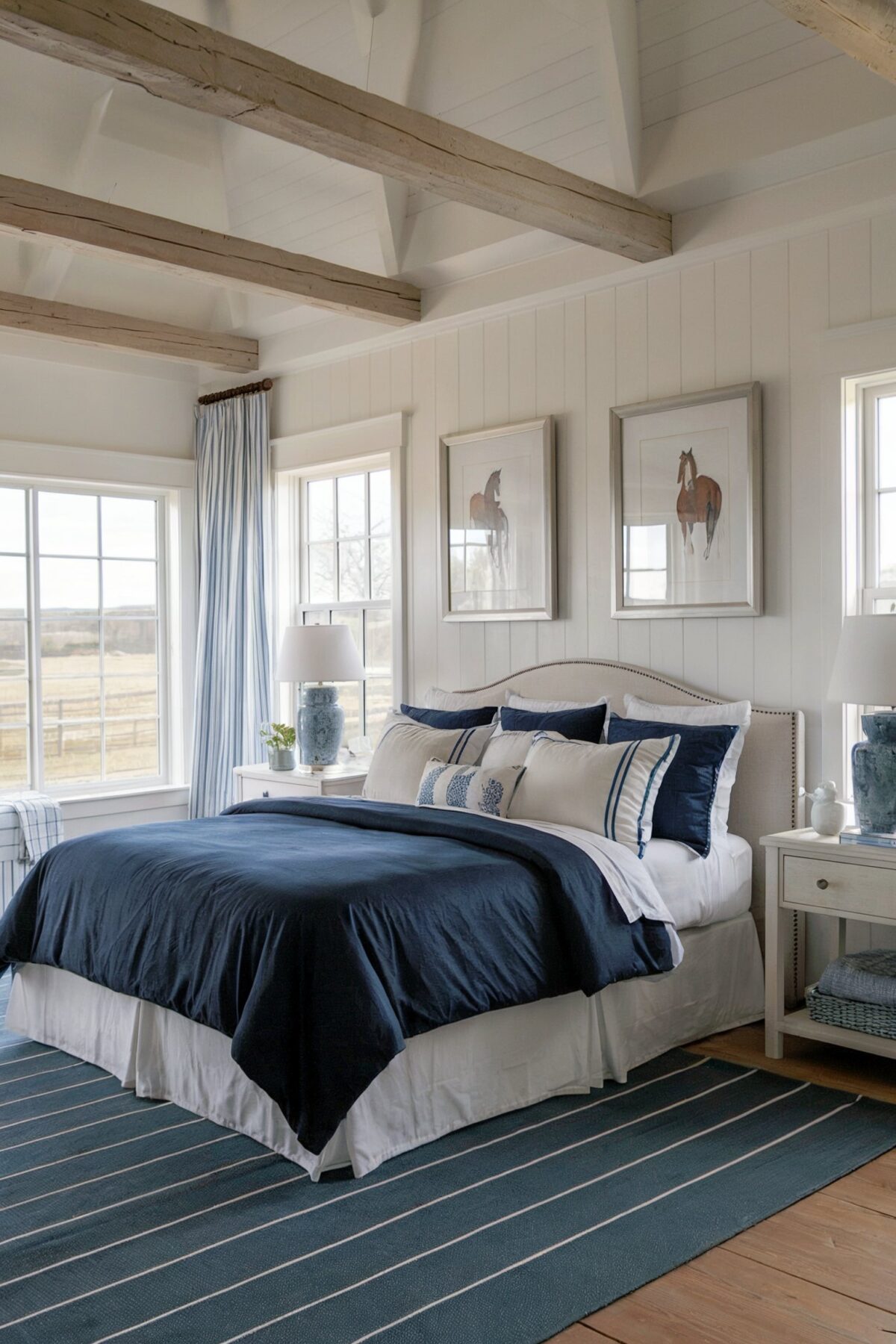 4. Beamed Bedroom with Blue & Equestrian Art