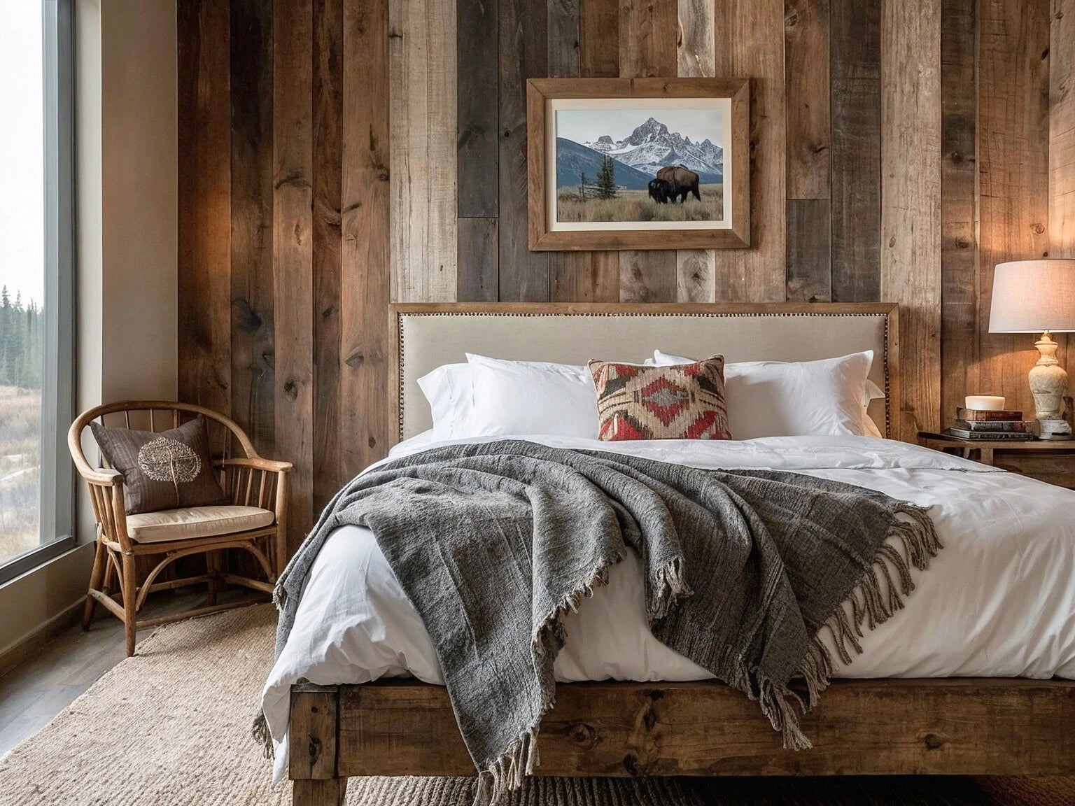 13. Rustic Wood Wall with Landscape Art