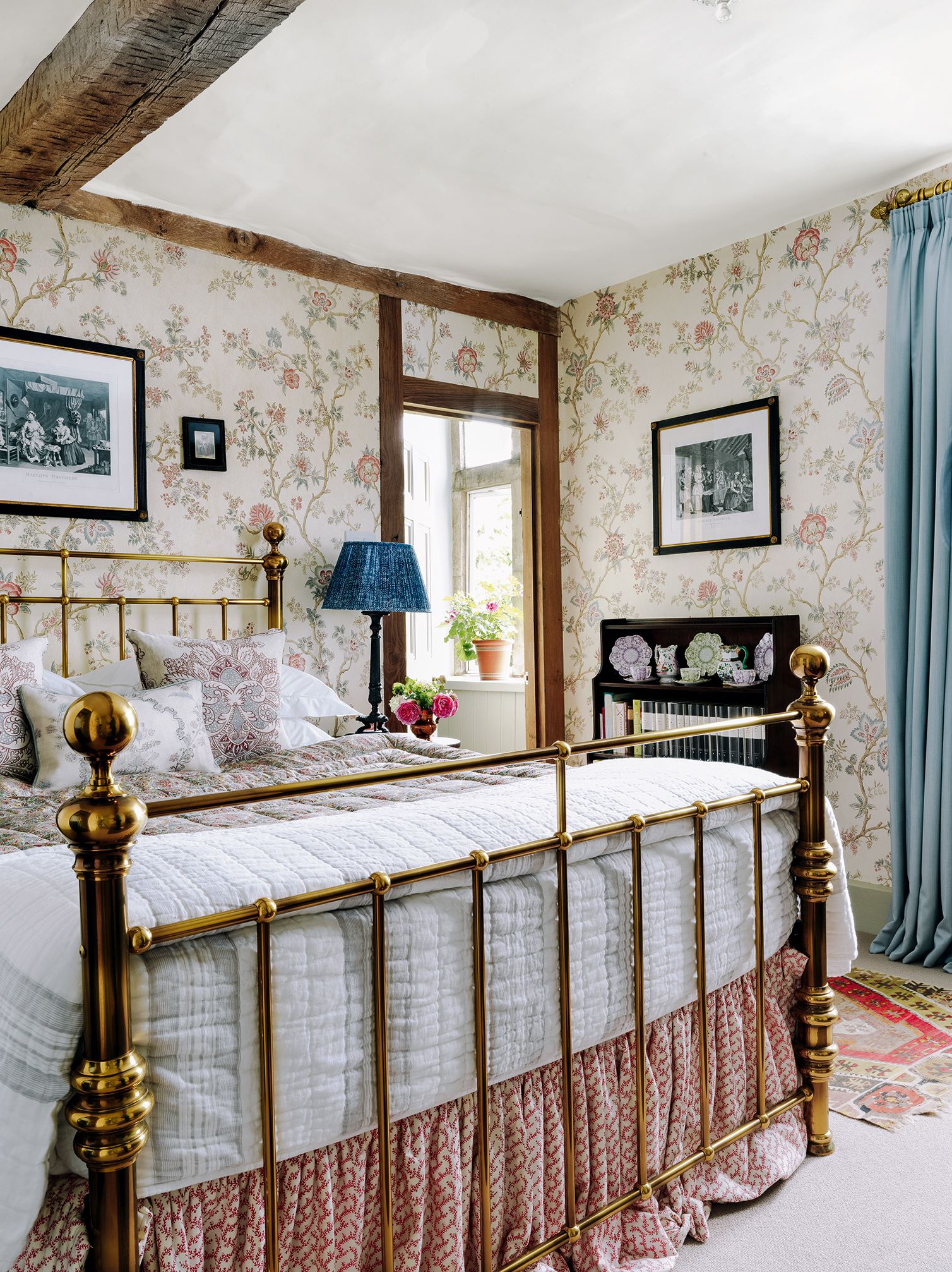 16. Brass Bed with Floral Wallpaper & Beams
