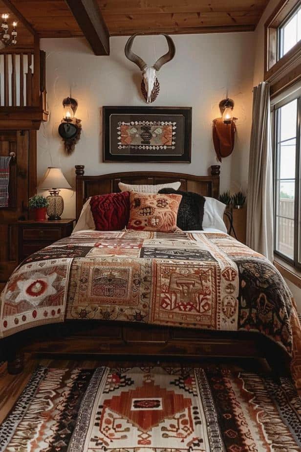 8. Warm Wooden Retreat with Patchwork Quilt and Antler