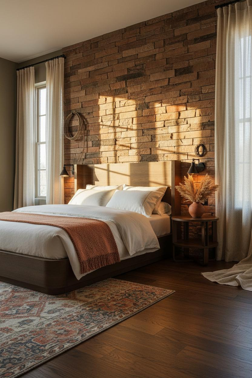 13. Earthy Rustic Bedroom with Stacked Stone and Rust Tones