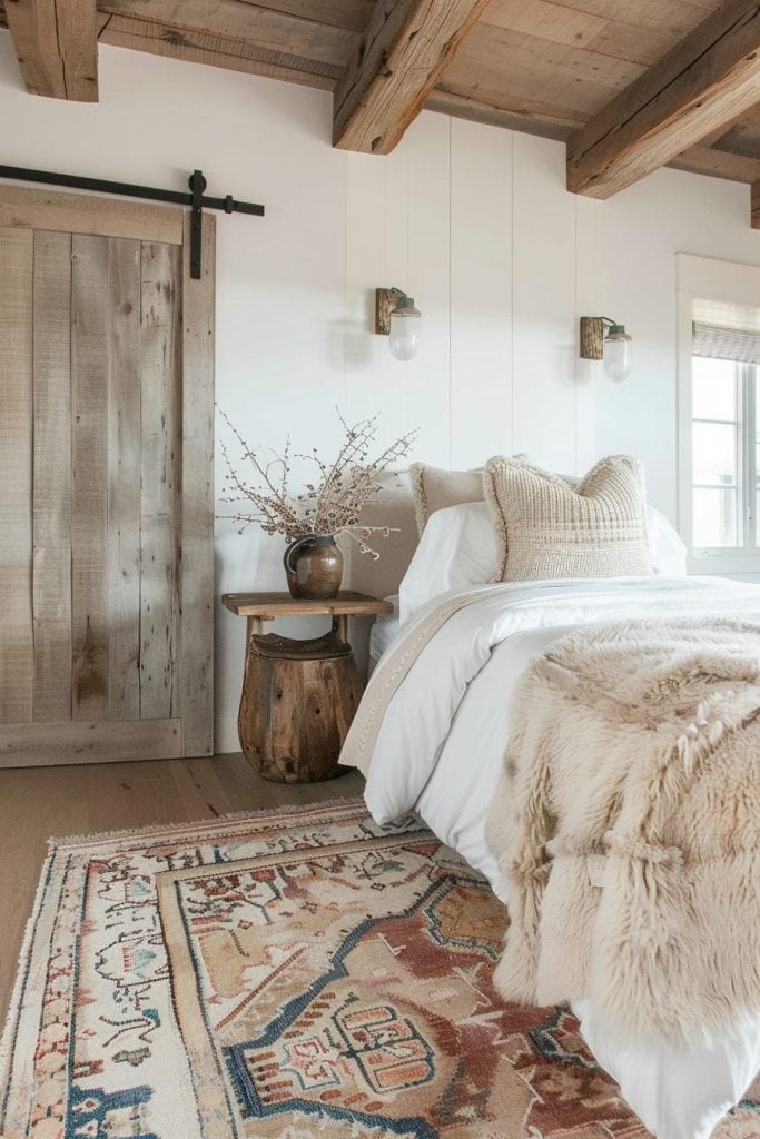 16. Barn Door Charm with Beamed Ceiling & Colorful Rug