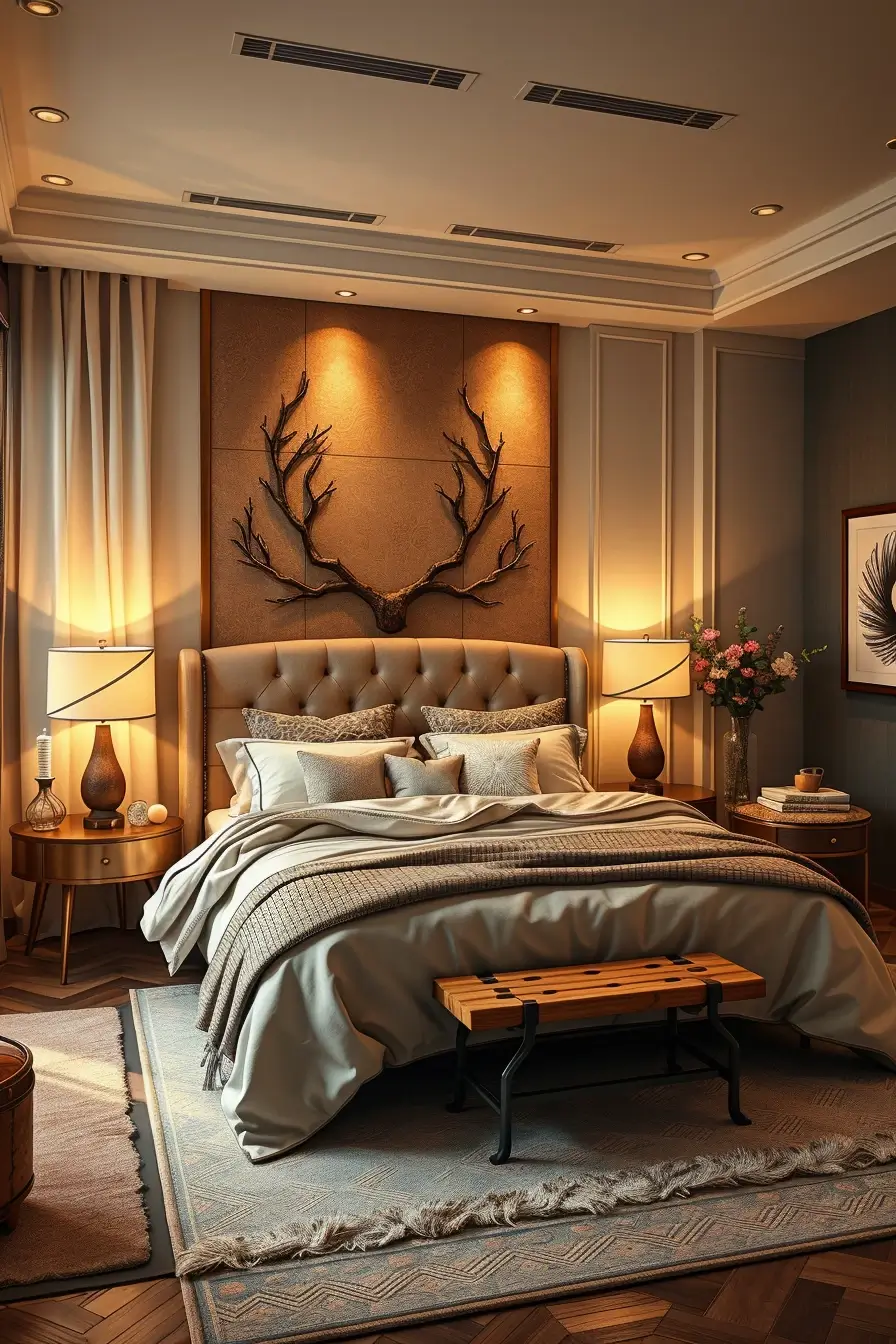 24. Elegant Antler Art with Tufted Headboard