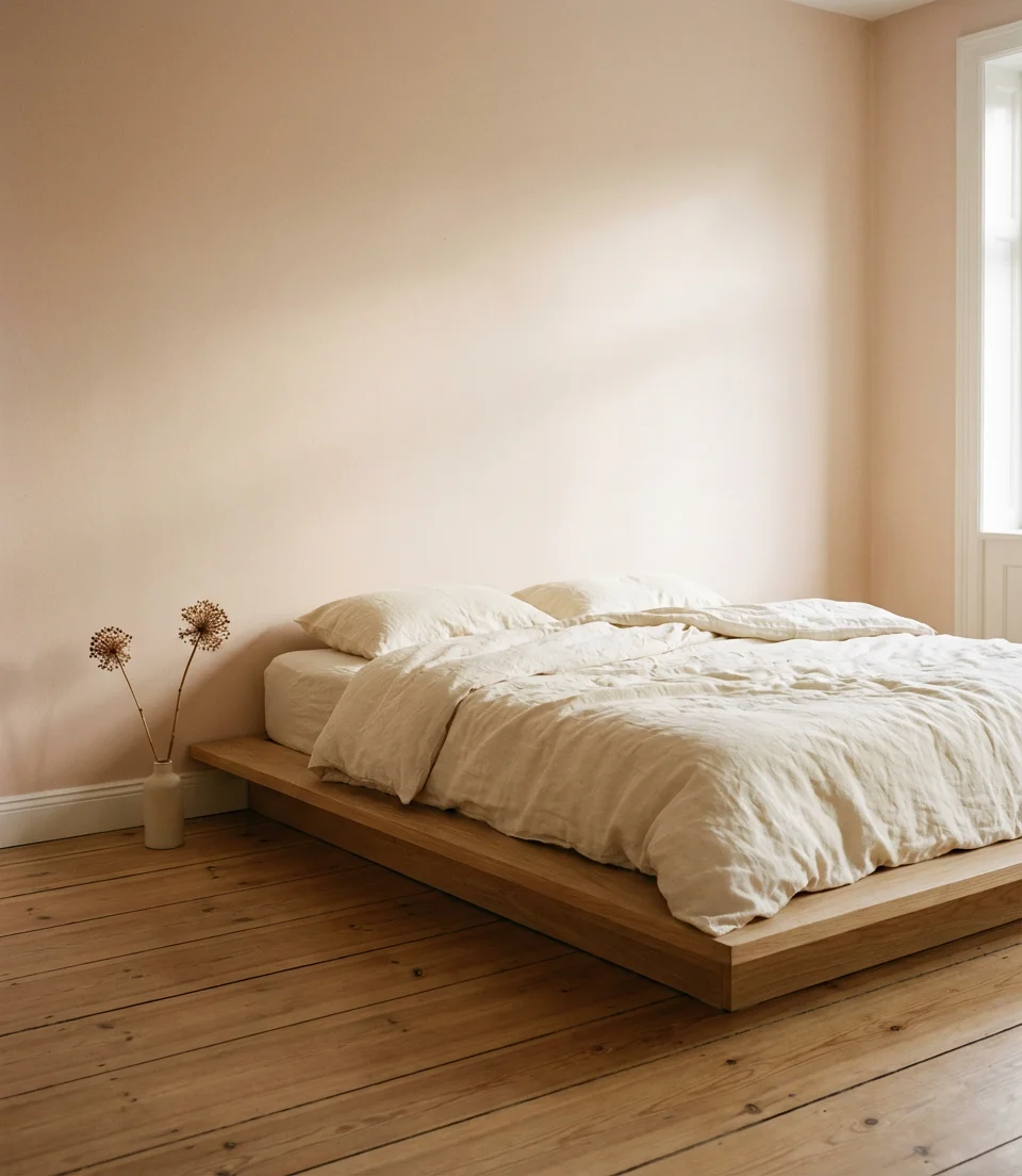 Warm Pink and Wood Japandi Bedroom 1