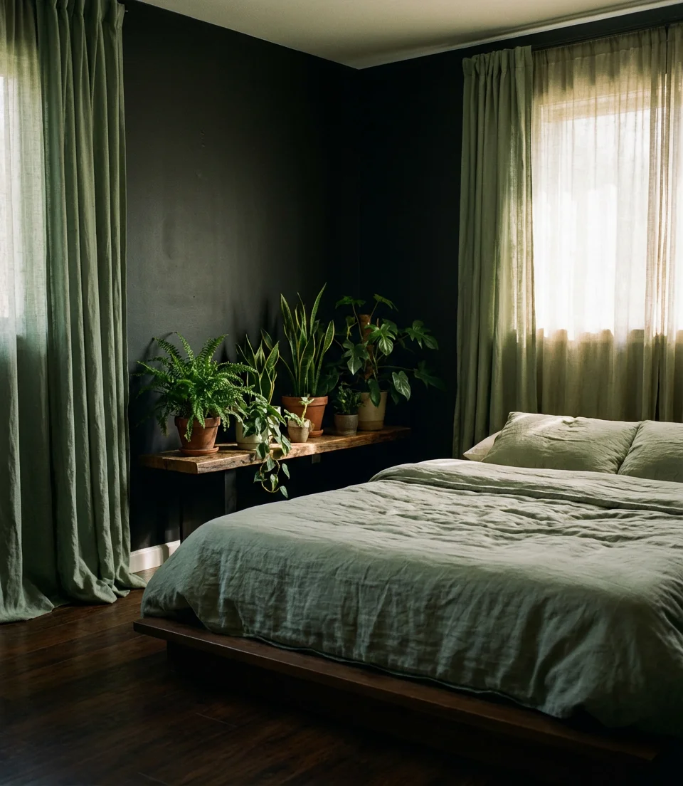 Black Bedroom With Sage Green Accents 1