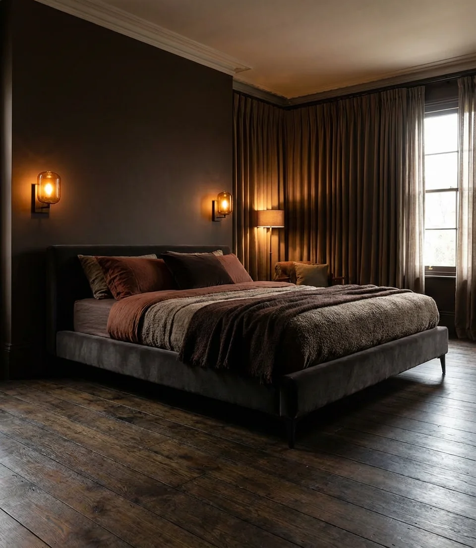 Dark Brown Moody Bedroom with Warm Lighting 1