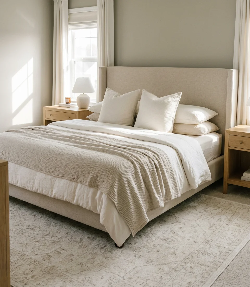 Beige and Gray Soft Transitional Bedroom 1