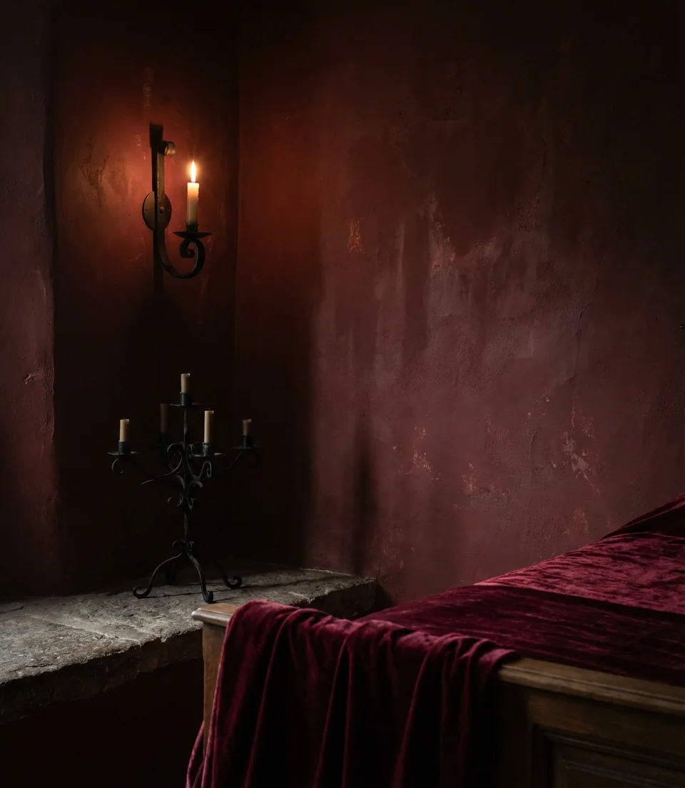 Dark Red Gothic Bedroom With Candles and Iron 2