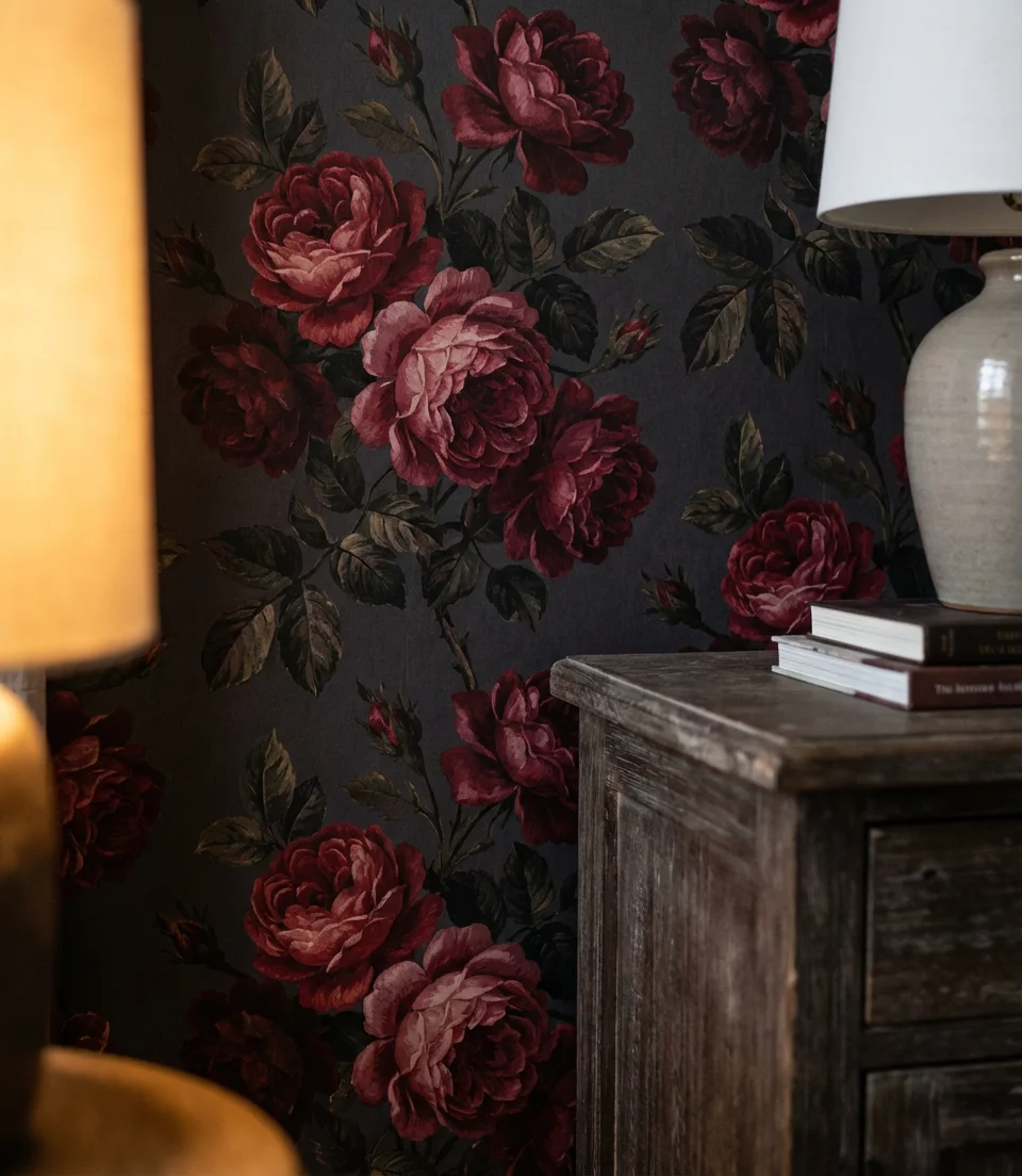 Red Bedroom With Dark Floral Wallpaper 2