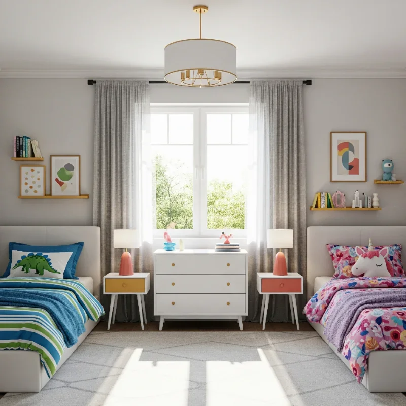 Symmetrical Twin Bedroom with Pops of Coral and Yellow