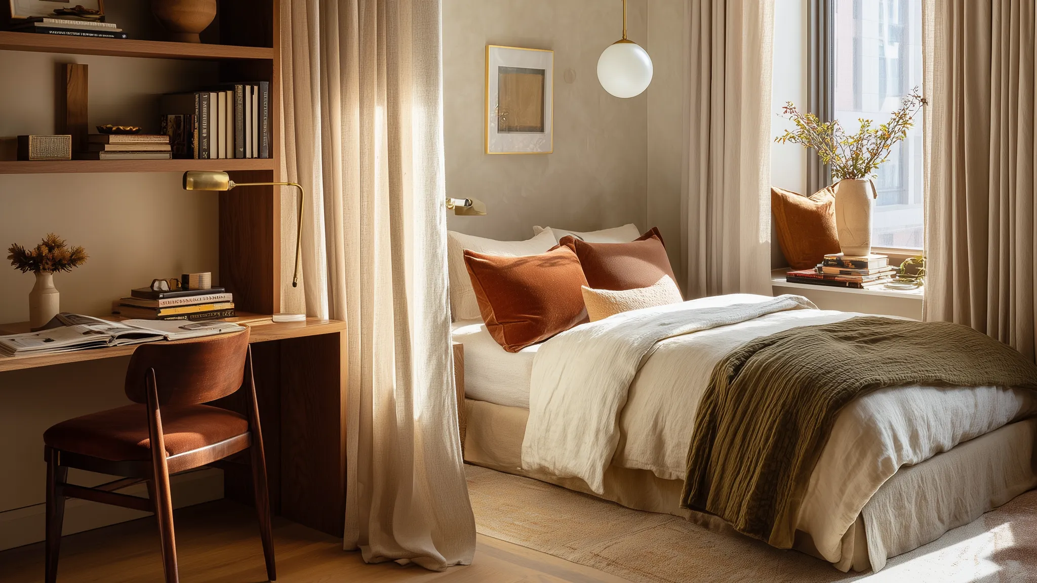 Warm Neutral Bedroom with Integrated Workspace and Textured Elements