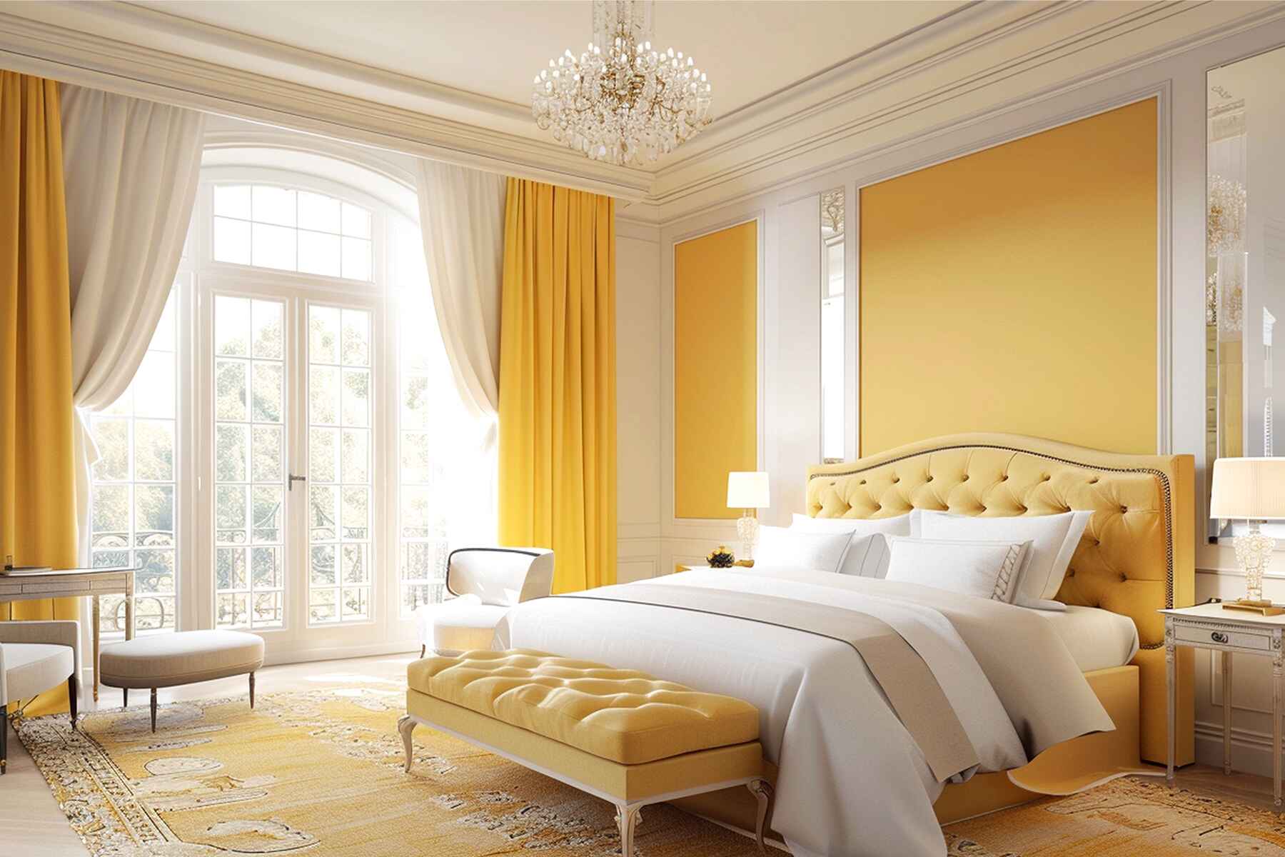 Regal Yellow and White Bedroom with Arched French Doors