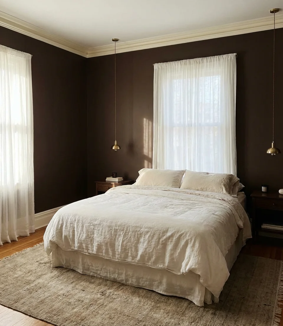 Chocolate Brown Walls with Warm White Trim 1